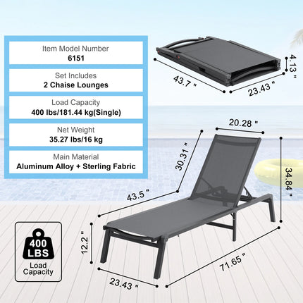 SucceBuy Chaise Lounge Chair Outdoor Aluminum Patio LoungeFolding Pool Lounge Recliner Full Flat for Patio Beach Pool Dark Grey