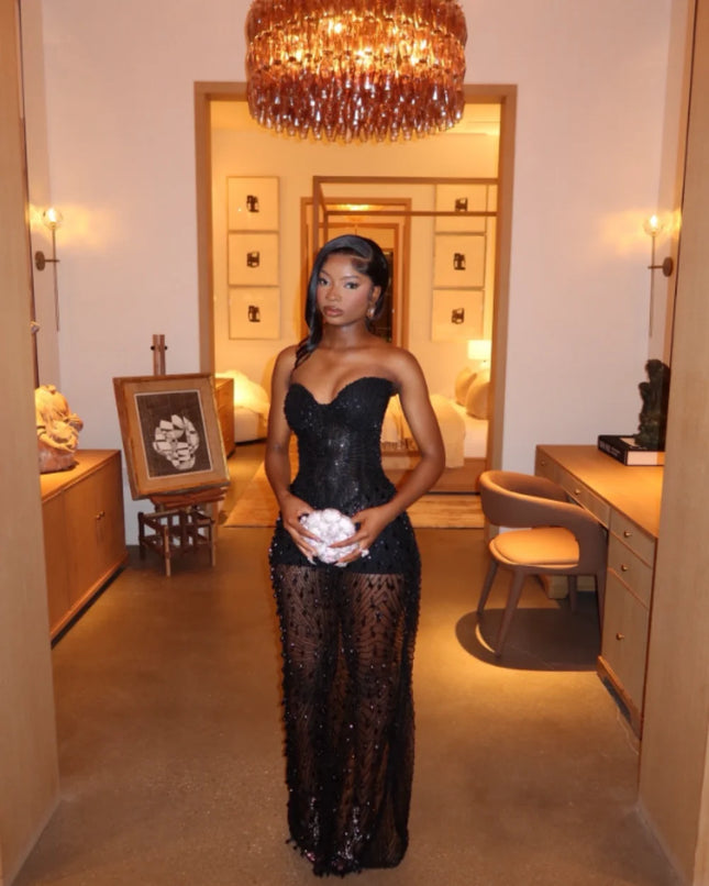 Aso Ebi Stil Luxus Schwarze Steine Abendkleider Illusion Ballkleider Elegantes Abendkleid Hochzeitsparty Meerjungfrau Maßgeschneidert