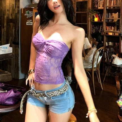 Streetwear Lace Flower Sexy Strapless Vest Women Y2k Aesthetic Bodycon Top Harajuku Grunge Vintage Pleated Camisole