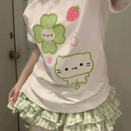 Ezgaga Harajuku T Shirts Women Cartoon Sweet Diagonal Collar Short Sleeve Off Shoulder Funny Tops Female Y2k Ladies Tshirts