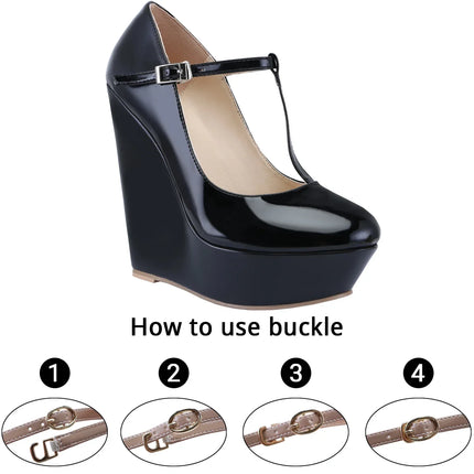 Women Platform Wedge Pumps Autumn Winter 14cm Super Round Toes High Heels T-Strap Gladiator Ladies Dress Party Wedding Shoes