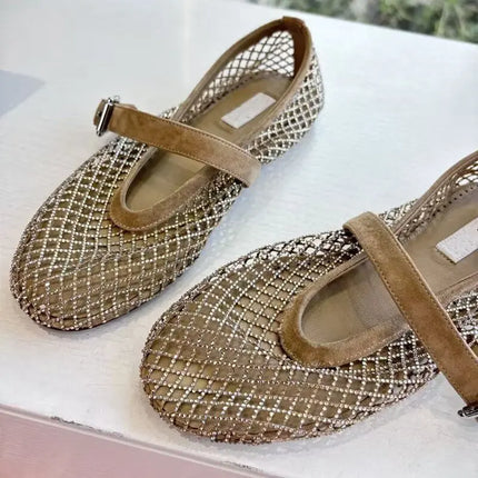 Hollow Mesh Rhinestone Ballet Shoes For Women, Flat Bottomed Mary Jane Single Shoes, Straight Strap Fishing Net Shoes