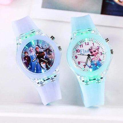 Disney Children Watch Frozen Princess Pattern Led Glowing Flash Fashion Kids Quartz Wristwatch Christmas Gifts