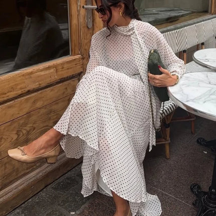 Polka Dot Skirt 2 Piece Set Women Casual High Collar Tie Full Sleeves Elastic High Waist Long Skirt Suit Lady Daily Outfit New
