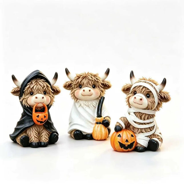 3 Halloween Highland Cow Statues, Cute Ghost Decorations, Hooded and Mummy Cow Statues with Pumpkin Decorations, for Layered Trays, Shelves, Tabletops, and Fireplace Decorations
