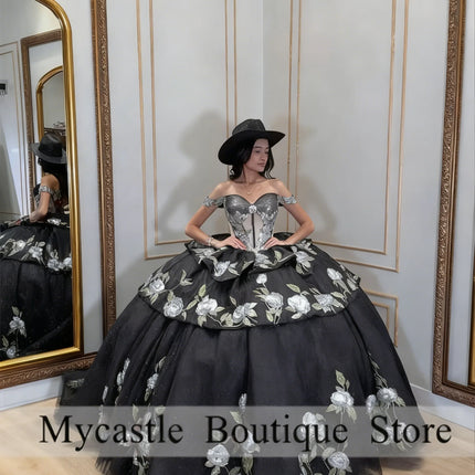 Black Mexican Red Roses Embroidery Quinceanera Dress Ball Gown 2026 Off The Shoulder Sweet 15 16 Dress Birthday Gown Customized