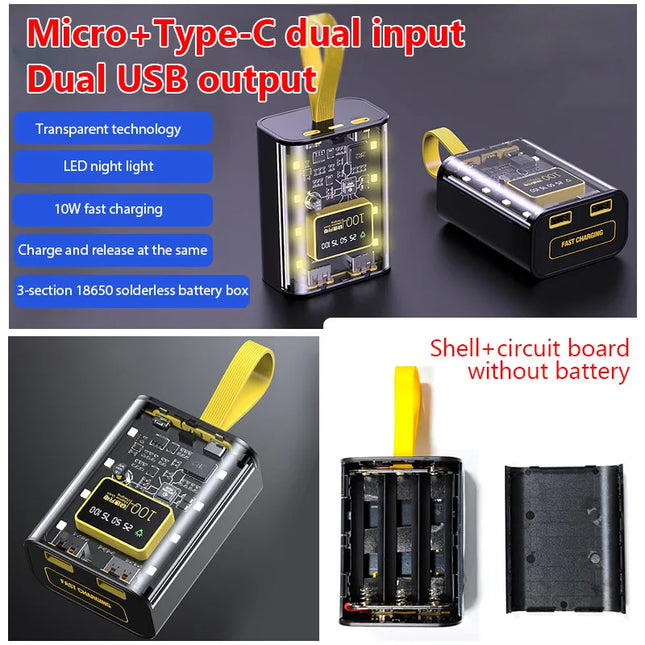 18650 Battery Charger Case DIY Power Bank Box Fast Charging Case with Night Light LCD Display Battery Charging Power Bank Box