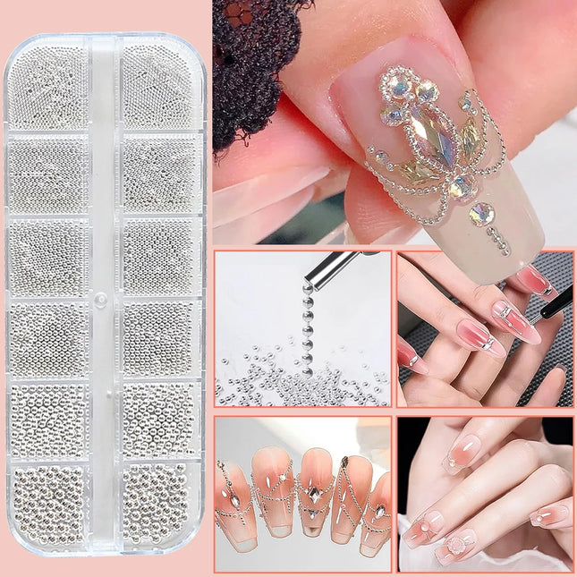 12 Rejillas Mini Cuentas de Caviar Decoraciones de Uñas Bolas de Metal Oro/Plata Micro Bolas Encantos de Uñas Pluma Magnética Bolas de 0.5~3mm Joyería de Uñas