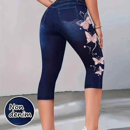 Women High Waist Slim Fit Floral Print Fake Denim 7/8 Cropped Capri Pants, Suitable For Daily Casual & Sports Wear