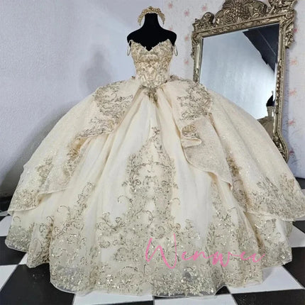 Sophie Store Customized Light Champagne Quinceanera Dresses Luxury Off the Shoulder Tulle Ball Gown Sweet 16 Vestidos De 15 Anos