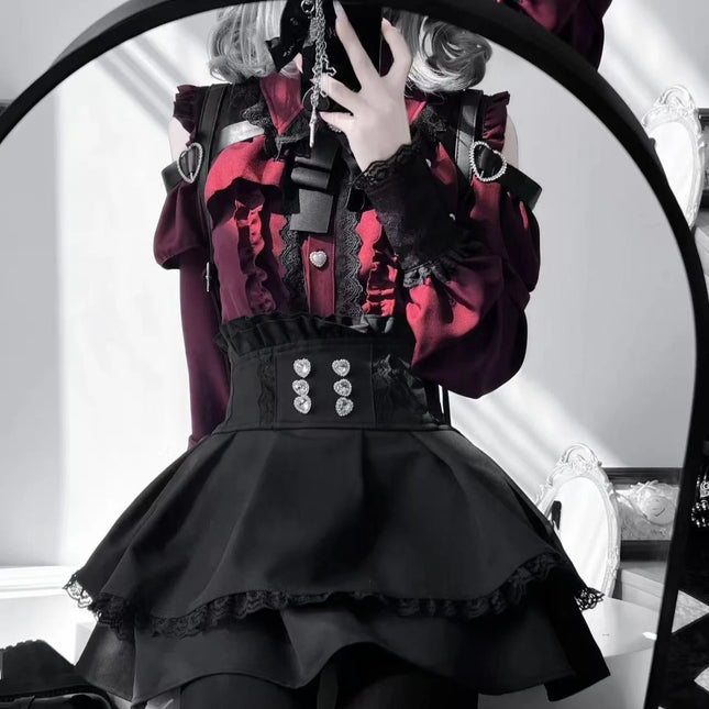 Japanisches süßes, schlankes Damen-Partykleid mit Rüschenspitze, schicker Schleife, langen Ärmeln, Kawaii Sweet Style Set, leichtes, trendiges weibliches Design
