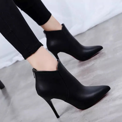 Women Pumps High Quality Leather Ankle Boots Sexy Pointed High-heeled Short Boots for Women Plush Warm Winter Boots Botas Mujer
