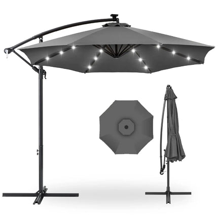10ft Solar LED Offset Cantilever Hanging Market Patio Umbrella, 8 Sturdy Ribs, Easy Adjustment - Gray, Customized