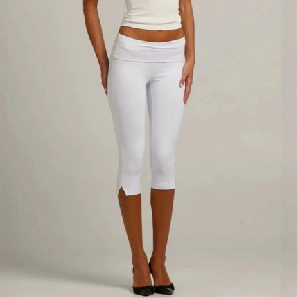 Individuality Low Rise Split Hem Length Skinny Pants Women Solid Fold Over Capri Leggings Casual Summer Streetwear Yoga Pants