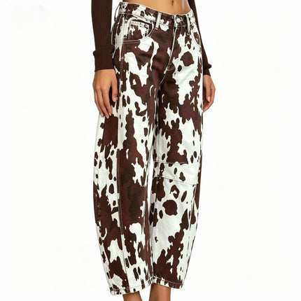High Waist Cow Print Curved Knife Jeans Slimming Versatile Cow Patterned Stretch Denim Trousers for Women