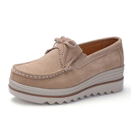 Women Cow Suede Casual Shoe Wedge Platform Height Increasing Single Shoes Tassel Muffin Shake Loafers Mother Walking Shoes 35-42