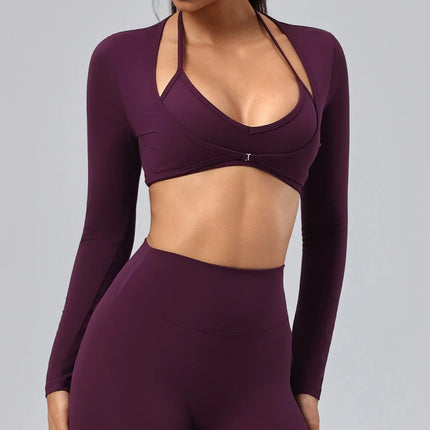 Hearuisavy Women's Sports Crop Top Long Sleeve Yoga Shirt Breathable Quick Dry Fitness Top Gym Pilates Dance Workout Wrap Tops