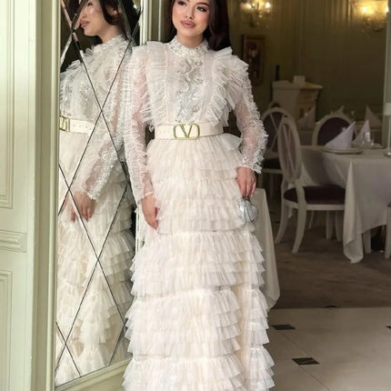 Elegant Cake Dress Spring Clothing Women Full Sleeve O-neck Maxi Long Dresses Evening  Party Club Ball Gown Mesh Dress Vestidos