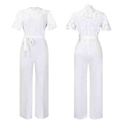 Mlaiscsr Elegant White Jumpsuits with Sashes Club Outfit for Women Lace Patchwork Short Sleeve Birthday Party One Piece Rompers