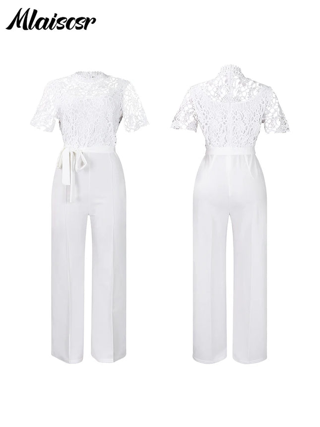 Mlaiscsr Eleganter weißer Overall mit Schärpen Club-Outfit für Damen Spitze Patchwork Kurzarm Geburtstagsparty Einteiler Strampler