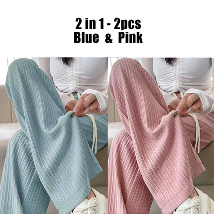 Summer Cool Ice Silk Straight Pants Women Fashion High Waist Wide Leg Trousers Female Solid Sagging Feeling Baggy Casual Pants