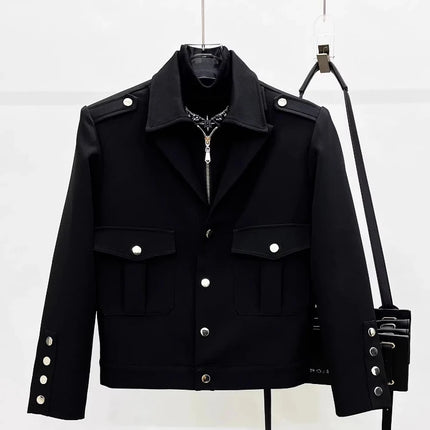 Men Vintage Double-Collar Short Jacket Spring Fall Coat with Zipper & Button Closure Casual Outerwear Techwear Streetwear