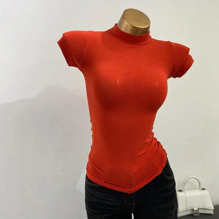 Half-high Collar T-shirt korean Transparent Short-sleeved Slim-fit Elastic Solid Inner Bottoming Shirt Sexy