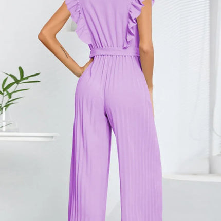 Women's Jumpsuit Long Pants Flying Sleeve V-neck High Waist Belt Cropped Fold Pants Solid Color Temperament Fashion Women's Wear