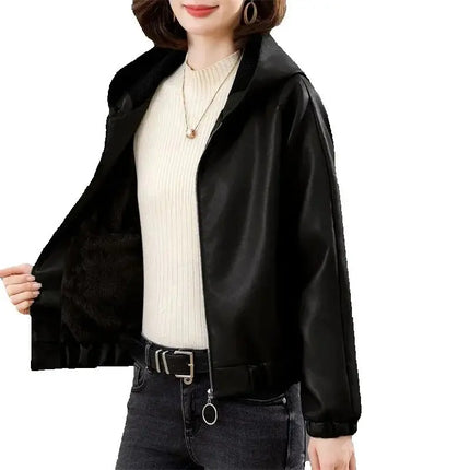 Velvet PU Leather Coat Woman 2025 New Fur Jacket Autumn Winter Hooded Loose Outerwear Slim Short Leather Jackets Ladies Outcoat