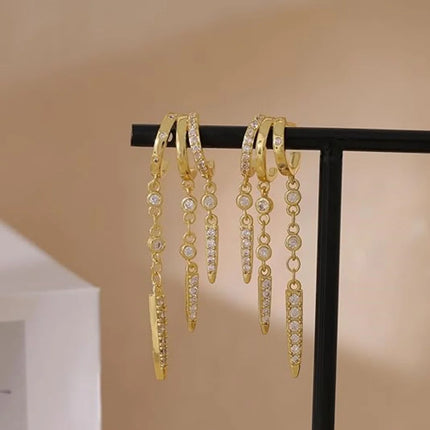 14k Gold Plated Triple Huggie Stud Earrings for Women Sparkling CZ Chain Tassel Hypoallergenic Dangle Earrings Jewelry Gifts