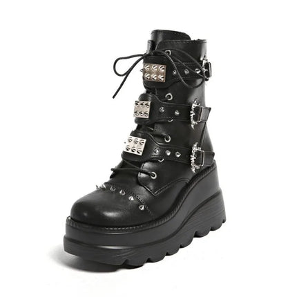 Women's Platform Wedge Ankle Boots Goth Punk Combat Motorcycle Boots Lace Up Side Zip Multi Buckles Studded Spiked Cosplay Shoes