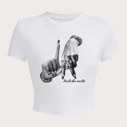 2026 Summer Casual Minimalist LA Hand Sign Hip Hop Print Short Sleeve Women's T-shirt Crop Top Tee Y2k Ladies Clothes Female Tee