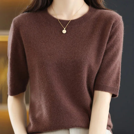 Short-sleeved Knitwear O-neck T-shirt Wool Cotton Blend Pullover Vest Sprig Summer Bottoming Tops Sweater