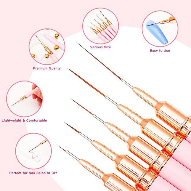 Pincel para Uñas 5 unidades/set, Pinceles Delineadores de Uñas, Pinceles Profesionales para Líneas Largas y Dibujo