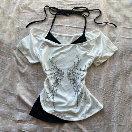 Gothic print fake two-piece top women's slim fit cut summer casual chic pattern T-shirt Y2K streetwear