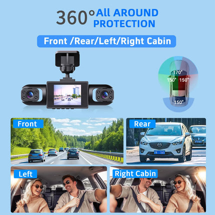 4-Channel 1080P Dash Camera Front Rear Left Right Camera Night Vision Adjustable Lens DVR with 64GB Card for Vehicle Safety