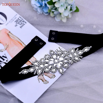 TOPQUEEN S01-E Fashion Floral Rhinestone Buckle Women's Elastic Waist Cinch Belt for Dress Formal Dress Belt Evening Party Band