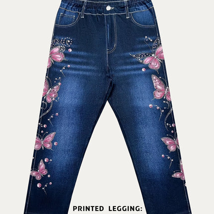 Women High Waist Slim Fit Floral Print Fake Denim 7/8 Cropped Capri Pants, Suitable For Daily Casual & Sports Wear