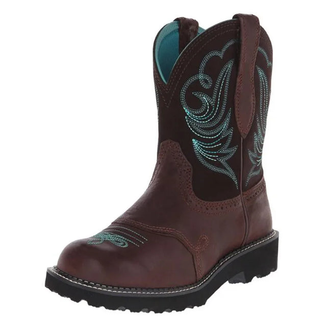 Womens Goth Cowboy Boots Embroidered Mid-calf Single Boot Mesh Lining Comfort Booties Woman Round Toe Retro Western Botas Mujer