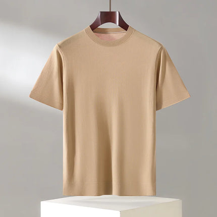 100% Lyocell Men's T-Shirt Casual Solid Color Knitted Pullover Short-Sleeved Loose Round Neck Tees Pull Vest Tops