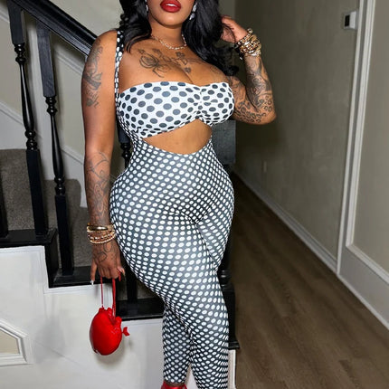 Kricesseen Polka Dot Print Cut Out Sexy Jumpsuit Women Headband Sets Skinny Bodycon One Piece Clubwear Summer Streetwear Outfits