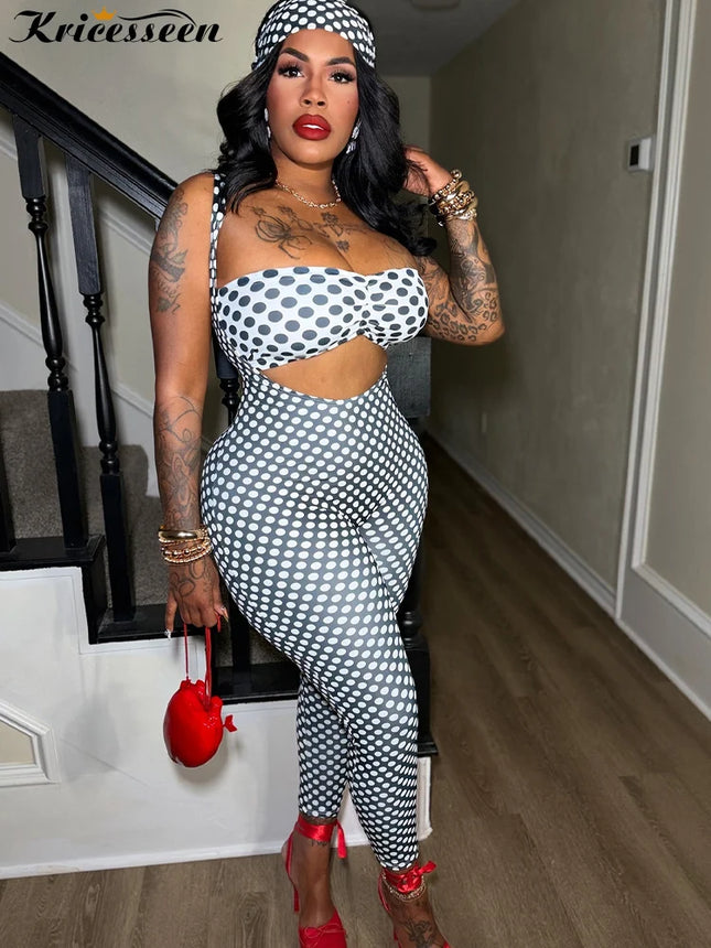 Kricesseen Polka Dot Print Cut Out Sexy Jumpsuit Damen Stirnband Sets Skinny Bodycon Einteiler Clubwear Sommer Streetwear Outfits