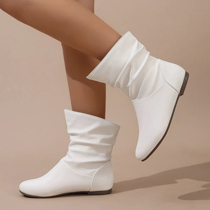 Short Boots Women's White New Pleated Women's Boots Flat Bottomed Versatile Woman Boots Large Size Woman Booties