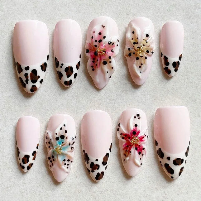 Juego de uñas de almendra doradas de longitud media de 24 piezas, de presión, con flores 3D, degradado rosa, cobertura completa, puntas de uñas postizas, perlas, uñas falsas reutilizables