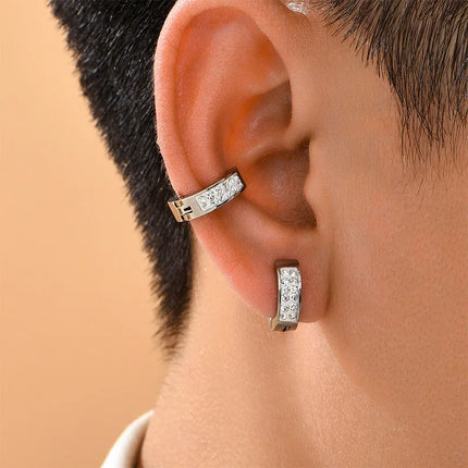 2Pcs Stainless Steel Magnetic Non Piercing Inlaid Cubic Zirconia Stud Earrings Clip on Hoop Earrings Ear Stud for Men Women