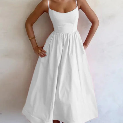 2026 Women's Midi White Vacation Dresses Pink Elegant And Pretty Dress Spaghetti Strap Beach Dress A Line Party Dresses Females