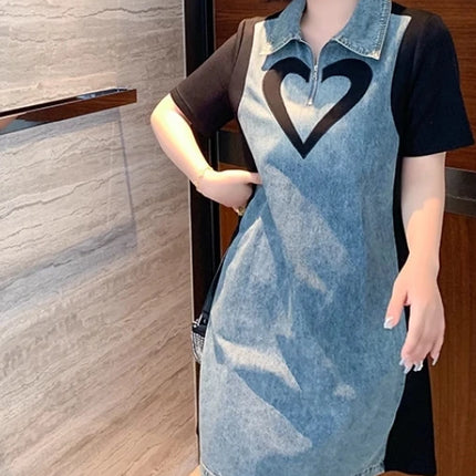 Sexy Polo neck short Sleeve cowboy PATCHWORK loose Chic Dress Birthday Party Fashion Women Clothing dresses