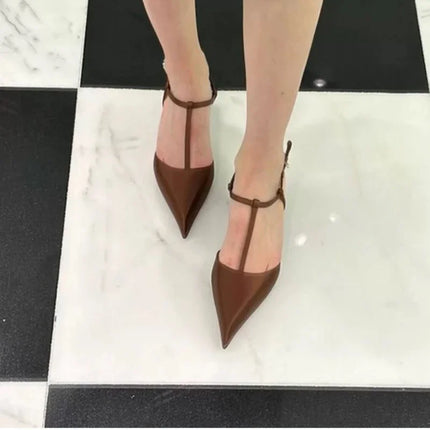 2025 New Slimming T-shaped Pumps Women Sexy Thick Heel Pointed Mid Heel Single Shoes Stain Summer Shallow Party Dress Shoe