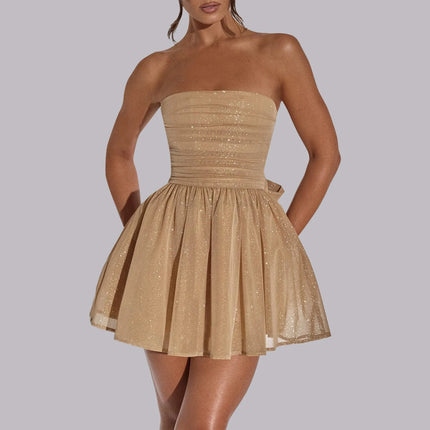 Elegant Strapless Sexy Mini Dress Women Off-Shoulder Sparkly Sqeuins Club Party Dress Slim Backless Bow Pleated Short Dresses
