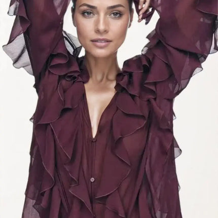 2026 New Summer Women's Elegant Loose Long Sleeve Chiffon Layered Shirts Lady Vintage V-neck Translucent Tierred Ruffles Blouses